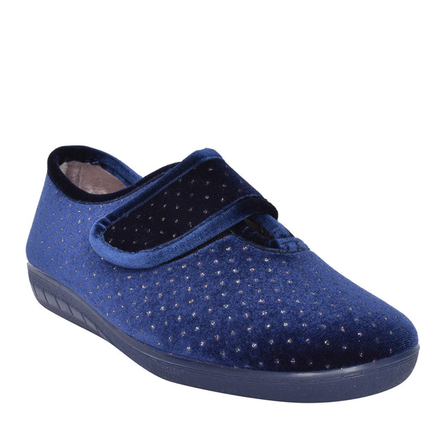 Lotus Janet Navy Women’s Velour Slippers – Velcro Strap Full-Back House Shoe with Memory Foam Insole