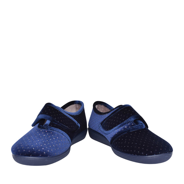 Lotus Janet Navy Women’s Velour Slippers – Velcro Strap Full-Back House Shoe with Memory Foam Insole