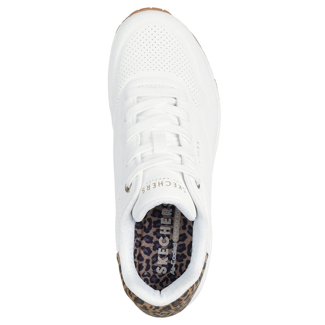 Skechers Women’s 177093 Uno Jungle Nite – White Synthetic Trainer with Leopard-Print Detail & Air-Cooled Memory Foam