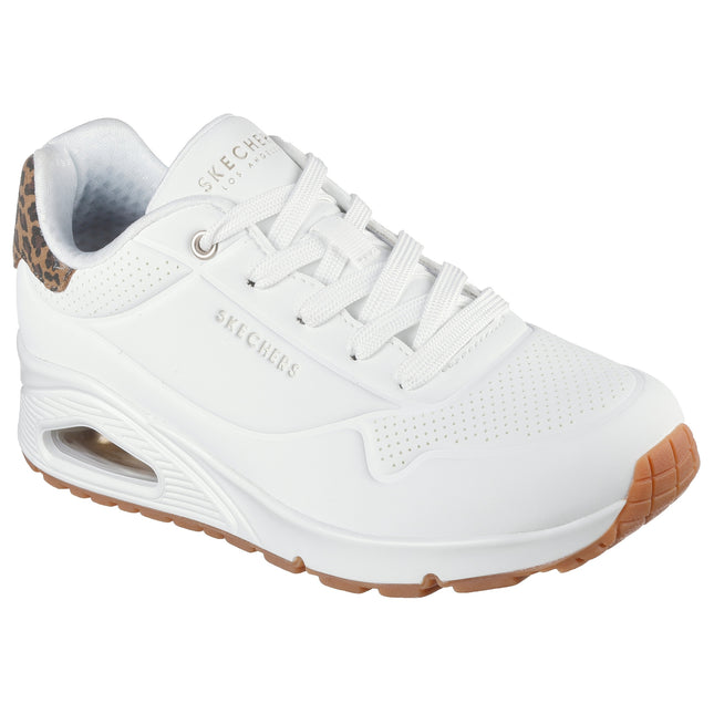 Skechers Women’s 177093 Uno Jungle Nite – White Synthetic Trainer with Leopard-Print Detail & Air-Cooled Memory Foam