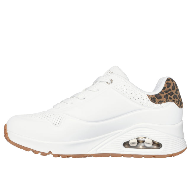 Skechers Women’s 177093 Uno Jungle Nite – White Synthetic Trainer with Leopard-Print Detail & Air-Cooled Memory Foam