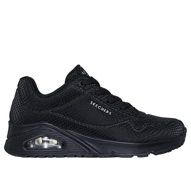 Skechers Women’s 177861 Uno Shiny Scale – Black Mesh/Leather-Effect Trainer with Metallic Scale Detail & Removable Insole