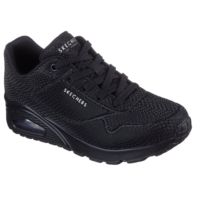Skechers Women’s 177861 Uno Shiny Scale – Black Mesh/Leather-Effect Trainer with Metallic Scale Detail & Removable Insole