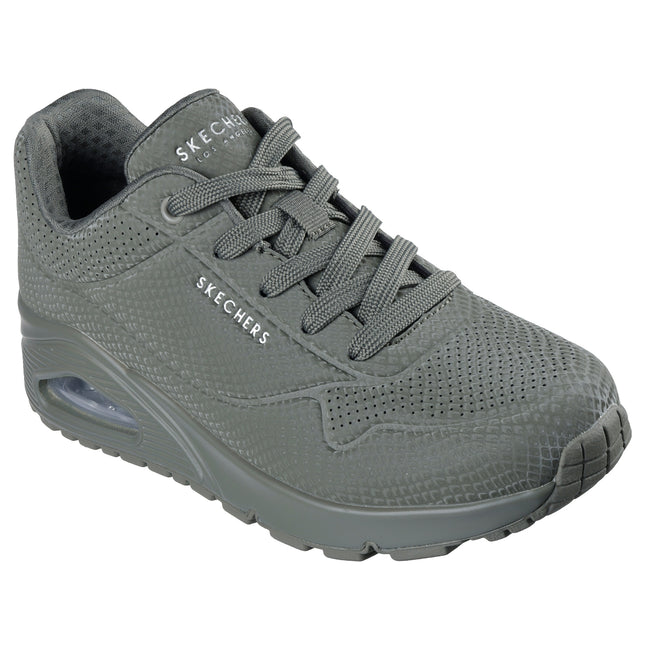 Skechers Women’s 177861 Uno Shiny Scale – Olive Green Mesh & Leather-Effect Trainer with Removable Insole