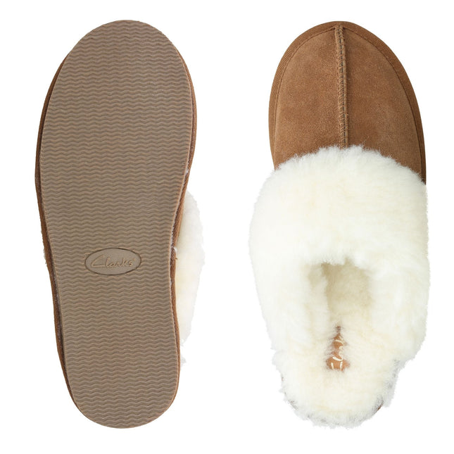 Clarks Warm Lux Tan Womens Slippers