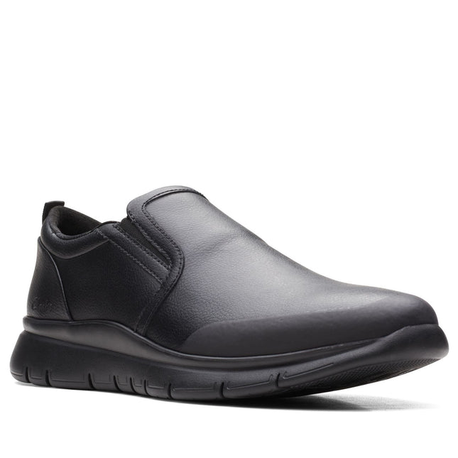 Clarks Men’s LT Slip Black Leather Slip-On Shoes – Lightweight Smart-Casual Leather Shoes with Cushioned Footbed & Easy On/Off Design