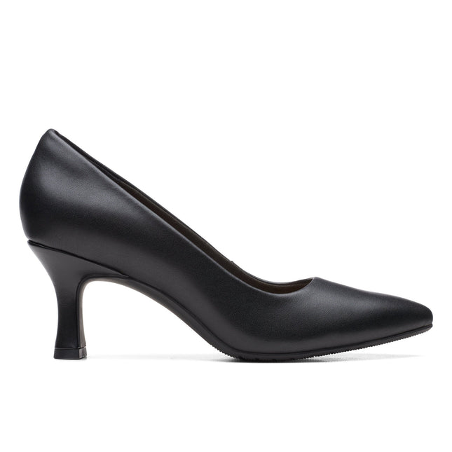 Clarks Women’s Kataleyna Gem Black Leather Court Shoes – Pointed Toe, Cushioned Comfort & Elegant High Heel