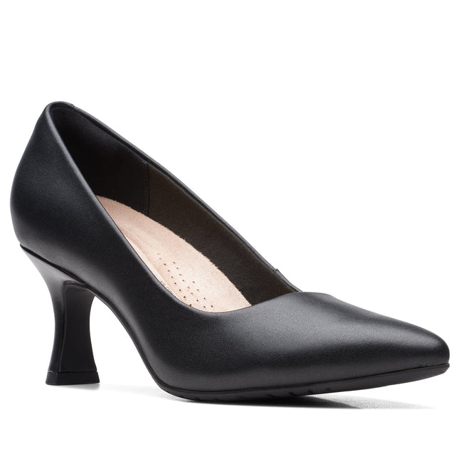 Clarks Women’s Kataleyna Gem Black Leather Court Shoes – Pointed Toe, Cushioned Comfort & Elegant High Heel