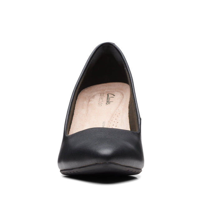 Clarks Women’s Kataleyna Gem Black Leather Court Shoes – Pointed Toe, Cushioned Comfort & Elegant High Heel