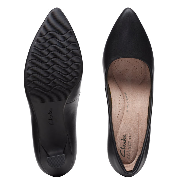 Clarks Women’s Kataleyna Gem Black Leather Court Shoes – Pointed Toe, Cushioned Comfort & Elegant High Heel