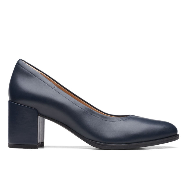 Clarks Women’s Freva55 Court Navy Leather Heels – Elegant Court Shoes with Cushioned Comfort & Classic Rounded Toe