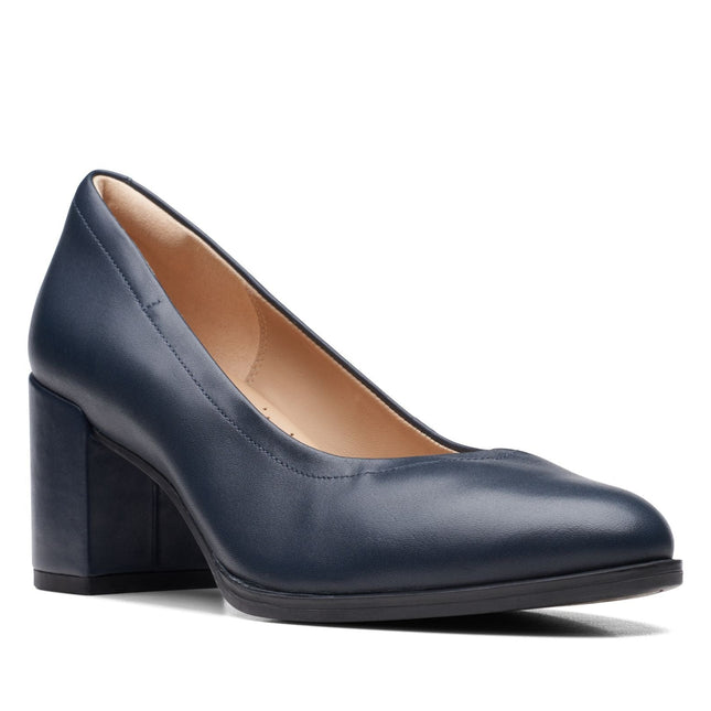 Clarks Women’s Freva55 Court Navy Leather Heels – Elegant Court Shoes with Cushioned Comfort & Classic Rounded Toe