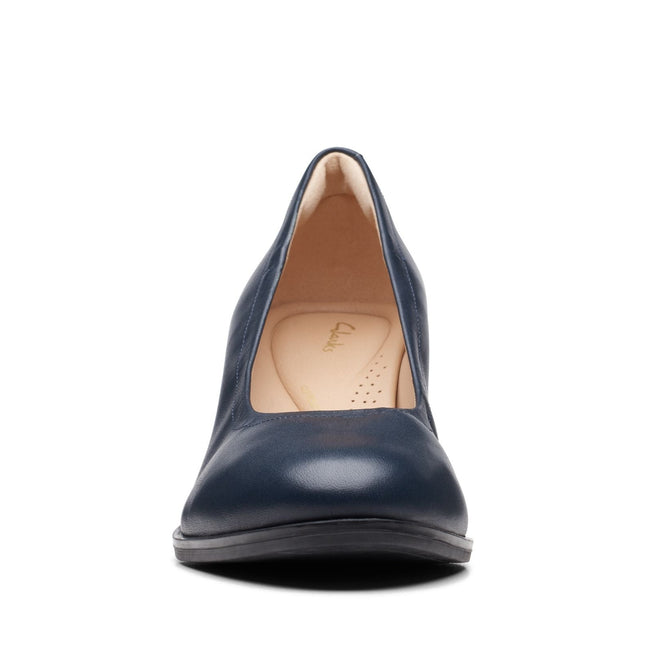 Clarks Women’s Freva55 Court Navy Leather Heels – Elegant Court Shoes with Cushioned Comfort & Classic Rounded Toe