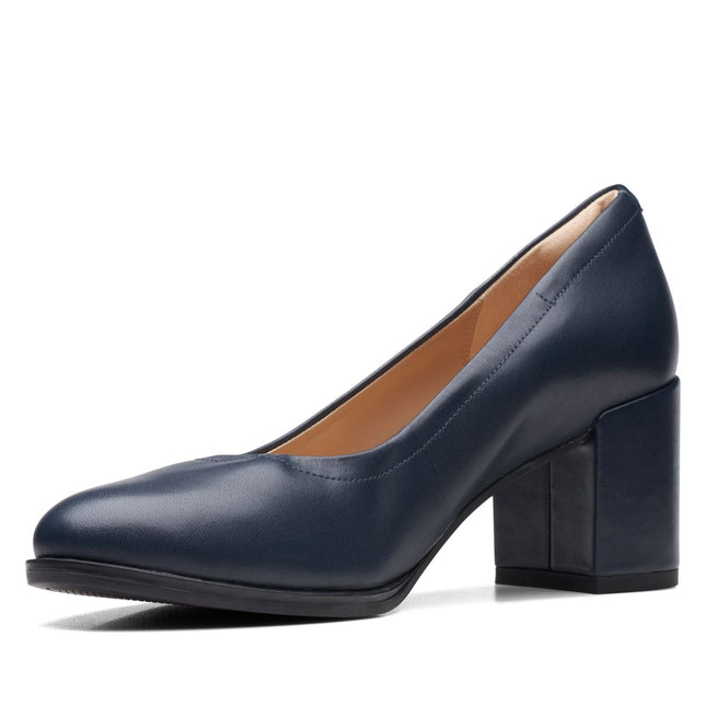 Clarks Women’s Freva55 Court Navy Leather Heels – Elegant Court Shoes with Cushioned Comfort & Classic Rounded Toe