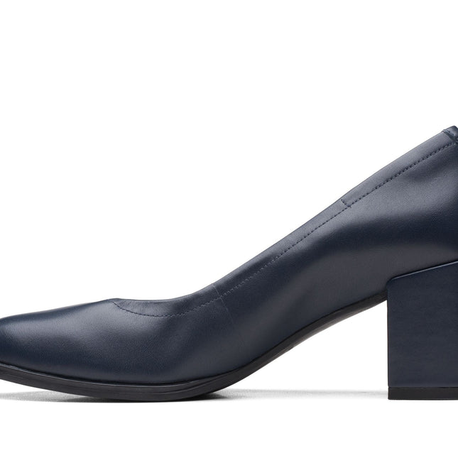 Clarks Women’s Freva55 Court Navy Leather Heels – Elegant Court Shoes with Cushioned Comfort & Classic Rounded Toe