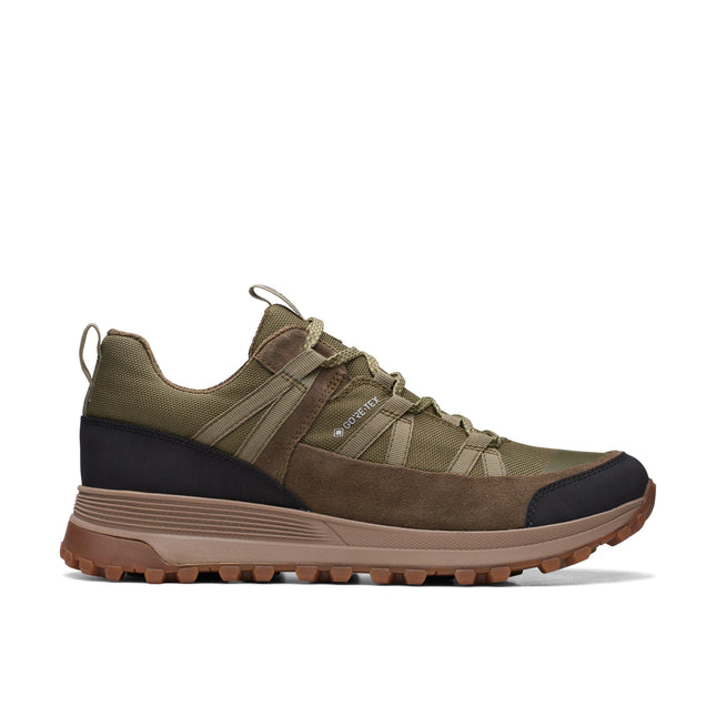Clarks ATLTrekRun GTX Dark Olive Men’s Waterproof Leather Lace-Up Shoes – All-Weather GORE-TEX Trainers with Cushioned Comfort & Grippy Outsole