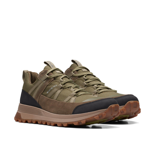 Clarks ATLTrekRun GTX Dark Olive Men’s Waterproof Leather Lace-Up Shoes – All-Weather GORE-TEX Trainers with Cushioned Comfort & Grippy Outsole