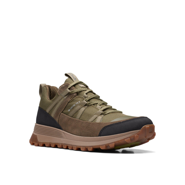 Clarks ATLTrekRun GTX Dark Olive Men’s Waterproof Leather Lace-Up Shoes – All-Weather GORE-TEX Trainers with Cushioned Comfort & Grippy Outsole
