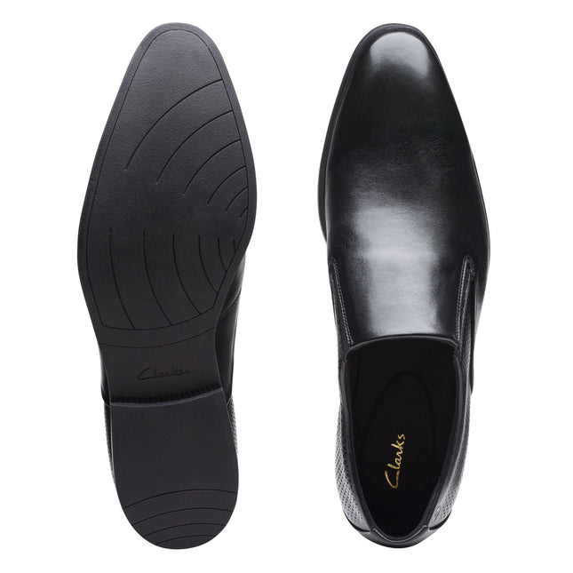Clarks Men’s Boswyn Slip Black Leather Slip-On Shoes – Smart Leather Flats with Cushioned Comfort & Easy Everyday Wear