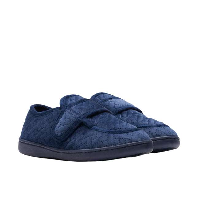 Clarks Women’s Twyla Charm Navy Slippers – Soft Textile Slip-On House Shoes with Adjustable Grip Strap & Rubber Outsole