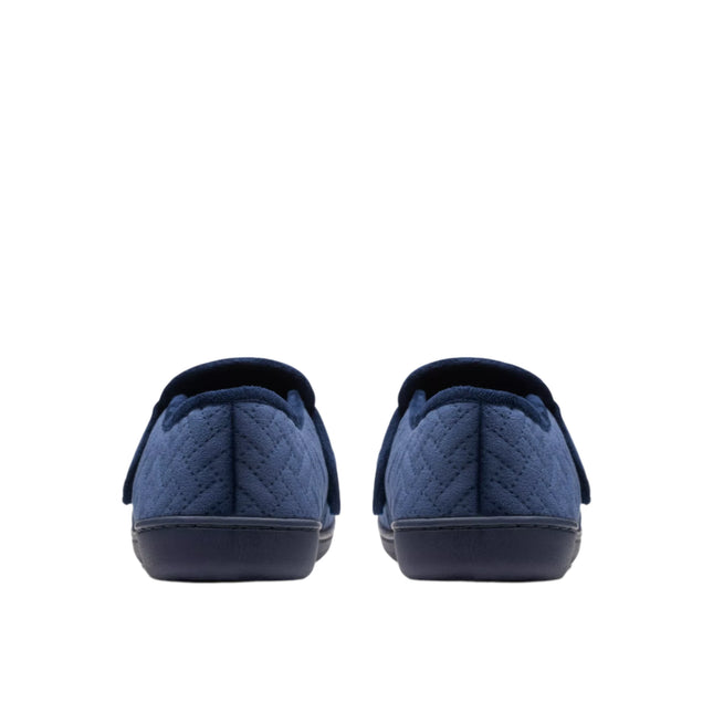 Clarks Women’s Twyla Charm Navy Slippers – Soft Textile Slip-On House Shoes with Adjustable Grip Strap & Rubber Outsole