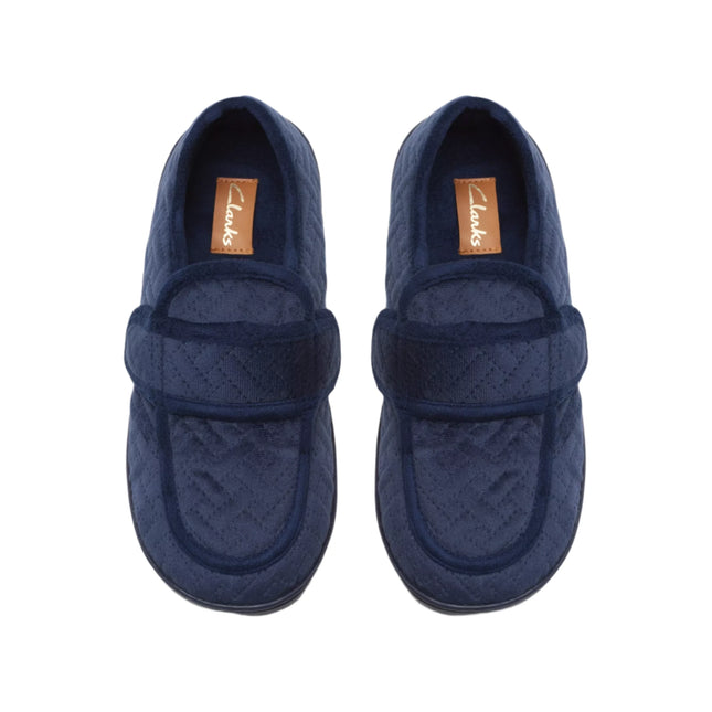 Clarks Women’s Twyla Charm Navy Slippers – Soft Textile Slip-On House Shoes with Adjustable Grip Strap & Rubber Outsole