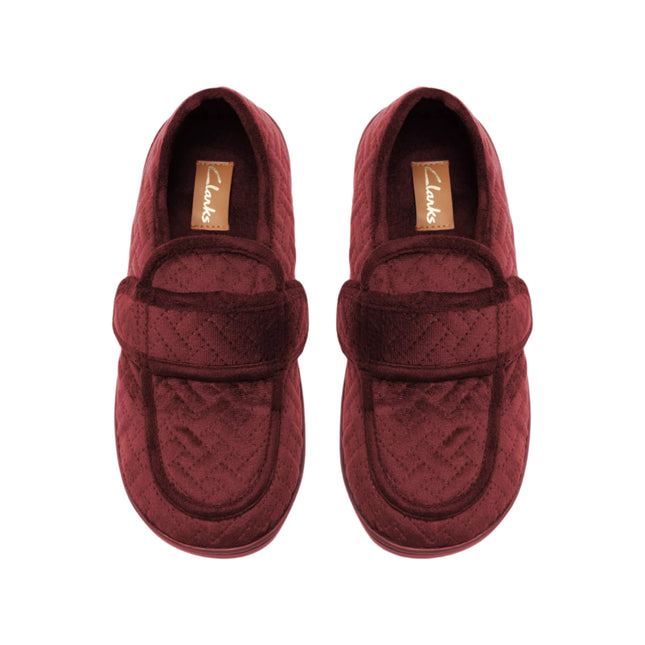 Clarks Women’s Twyla Charm Burgundy Slippers – Soft Textile Slip-On House Shoes with Adjustable Strap & Non-Slip Rubber Sole