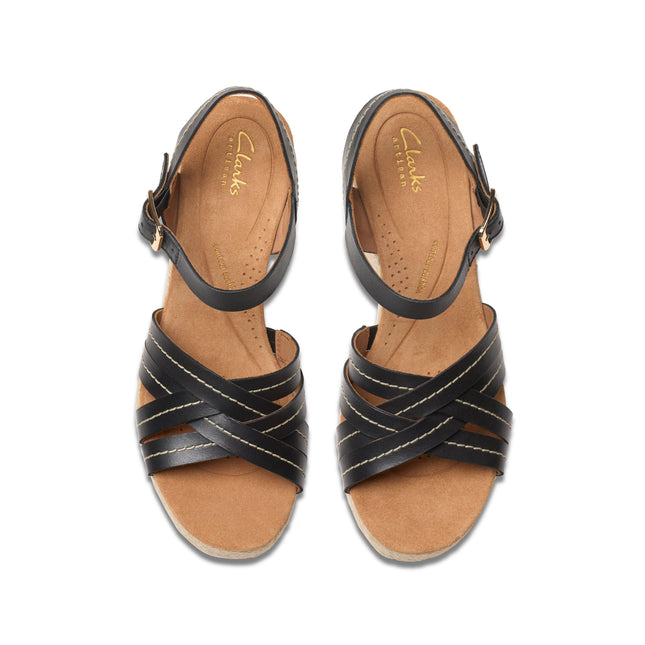 Clarks Women’s Sabina Strap Black Leather Sandals – Elegant Slingback Sandals with Cushioned Footbed & Comfortable Low Heel