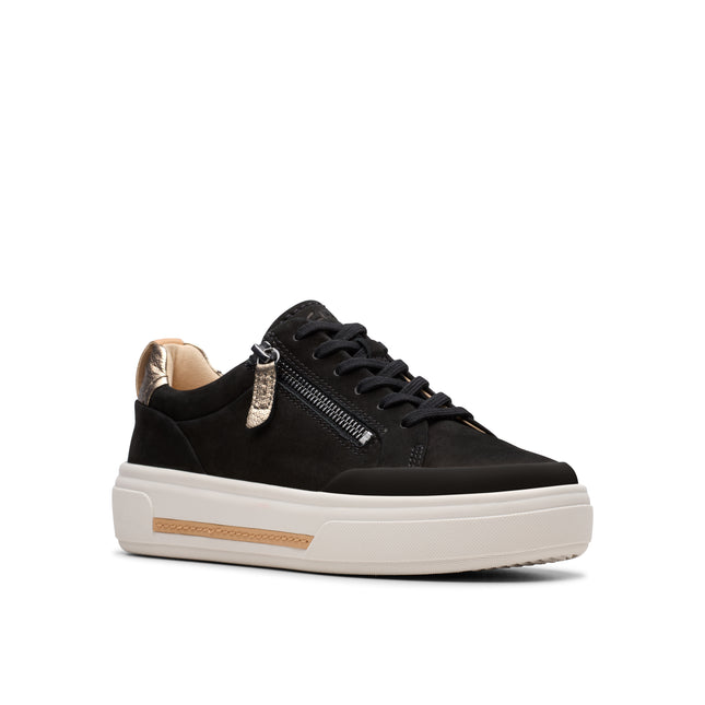 Clarks Women’s Hollyhock Zip Black Leather Trainers – Platform Casual Shoes with Lace-Up & Zip Fastening and Contour Cushion Comfort