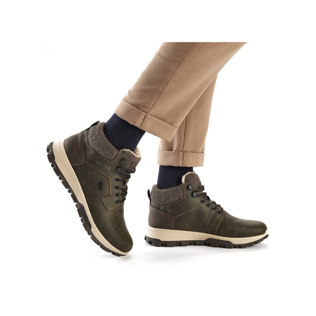 Rieker Men’s 35538-54 Grey Leather & Textile Lace-Up Boot – Comfort Walking Boot with Cushioned Insole