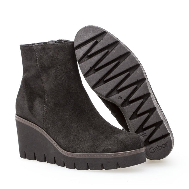 Gabor Women’s 74.780.17 Utopia Black Suede Wedge Ankle Boot – Wide Fit Zip-On Comfort Boot