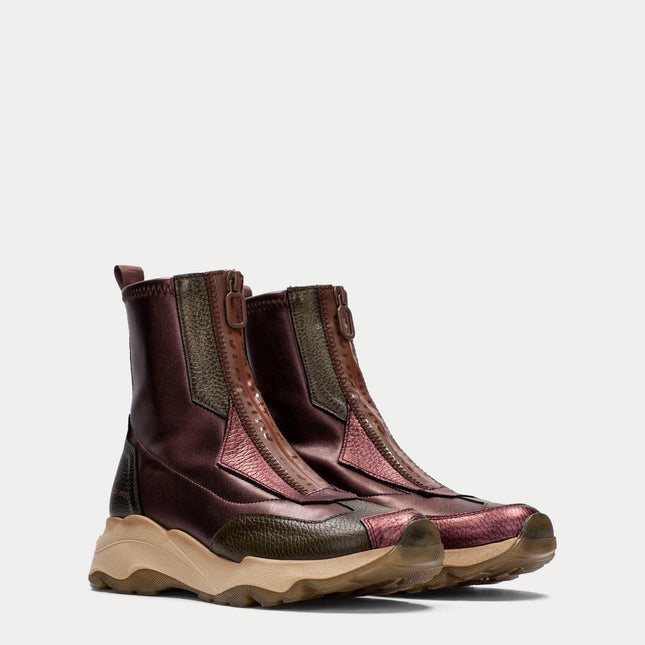 Hispanitas Women’s Nepal CHI254321 Boot – Wine Leather & Stretch Fabric Ankle Boot with Front Zip and Cushioned Platform Sole