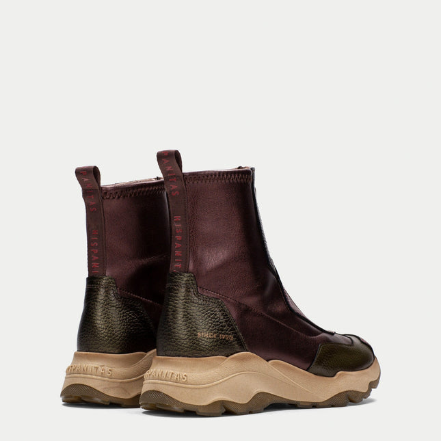 Hispanitas Women’s Nepal CHI254321 Boot – Wine Leather & Stretch Fabric Ankle Boot with Front Zip and Cushioned Platform Sole