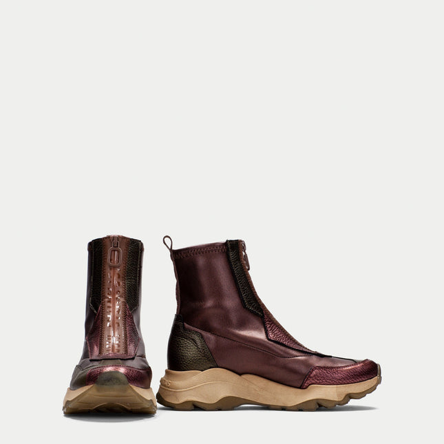 Hispanitas Women’s Nepal CHI254321 Boot – Wine Leather & Stretch Fabric Ankle Boot with Front Zip and Cushioned Platform Sole