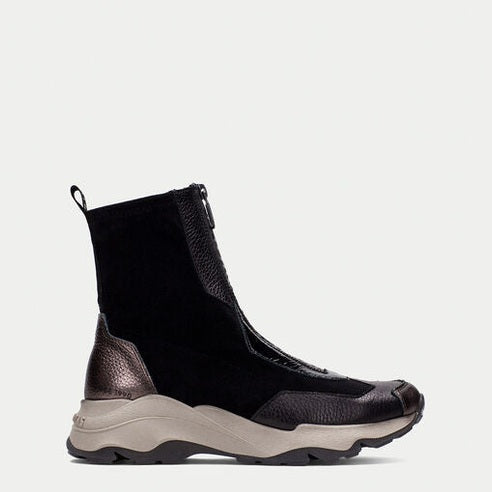 Hispanitas Women’s Nepal Zip-Boot – Black Leather & Stretch Fabric Ankle Boot with Triflow-Cushion Technology