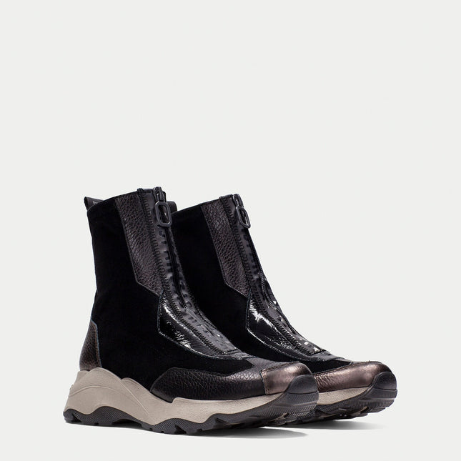 Hispanitas Women’s Nepal Zip-Boot – Black Leather & Stretch Fabric Ankle Boot with Triflow-Cushion Technology