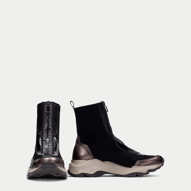 Hispanitas Women’s Nepal Zip-Boot – Black Leather & Stretch Fabric Ankle Boot with Triflow-Cushion Technology