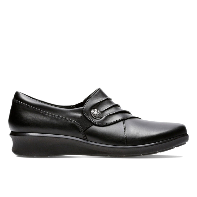Clarks Women’s Hope Roxanne Black Leather Slip-On Shoes – Wide Width, Cushion Soft™ Comfort, Classic Everyday Work-to-Weekend Loafers