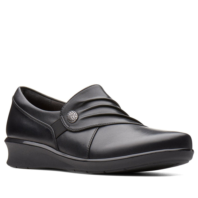 Clarks Women’s Hope Roxanne Black Leather Slip-On Shoes – Wide Width, Cushion Soft™ Comfort, Classic Everyday Work-to-Weekend Loafers