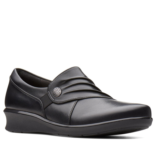 Clarks Women’s Hope Roxanne Black Leather Slip-On Shoes – Cushion Soft™ Comfort, Flexible Slip-On Design & Low Wedge Heel Standard Fit
