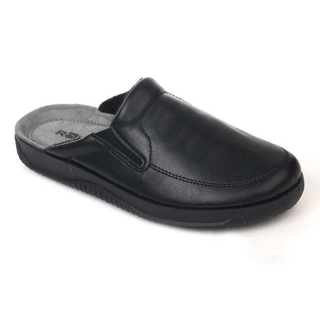 Rohde 2776-47 Black Leather Slip-On Slippers – Men’s Comfort Indoor/Outdoor Shoes