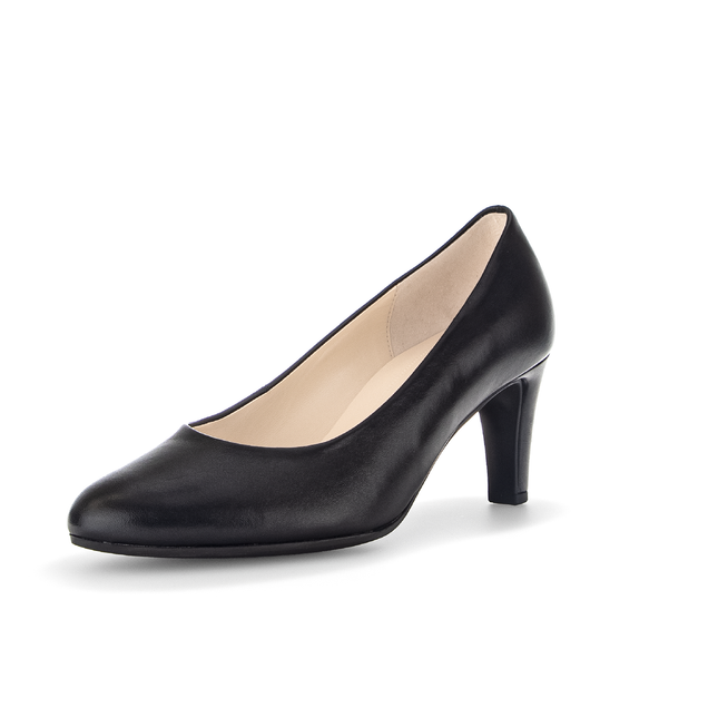 Gabor Women’s 01.410.27 Edina Black Leather Court Shoe – Mid Heel Comfort Pump