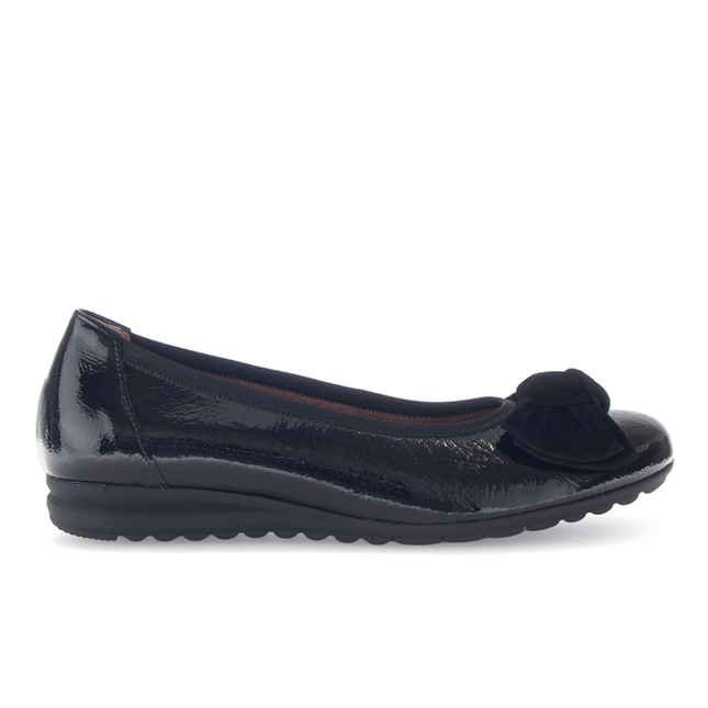 Gabor Women’s 72.621.87 Patent Leather Slip-On Pump – Wide Fit, Low Wedge Comfort Flat in Black