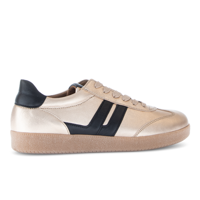 Gabor Women’s West 73.300.62 Leather & Satin Trainer – Champagne & Black Lace-Up Sneaker with Removable Insole