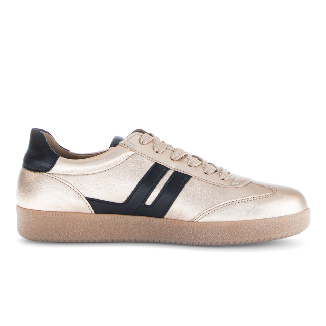 Gabor Women’s West 73.300.62 Leather & Satin Trainer – Champagne & Black Lace-Up Sneaker with Removable Insole