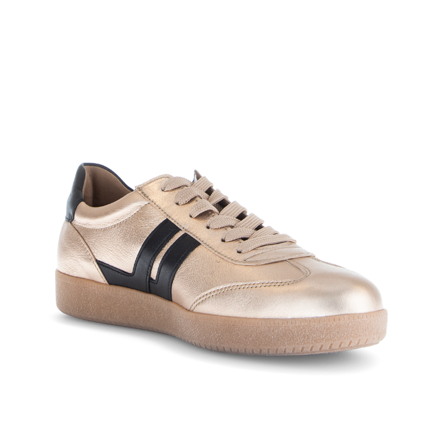 Gabor Women’s West 73.300.62 Leather & Satin Trainer – Champagne & Black Lace-Up Sneaker with Removable Insole