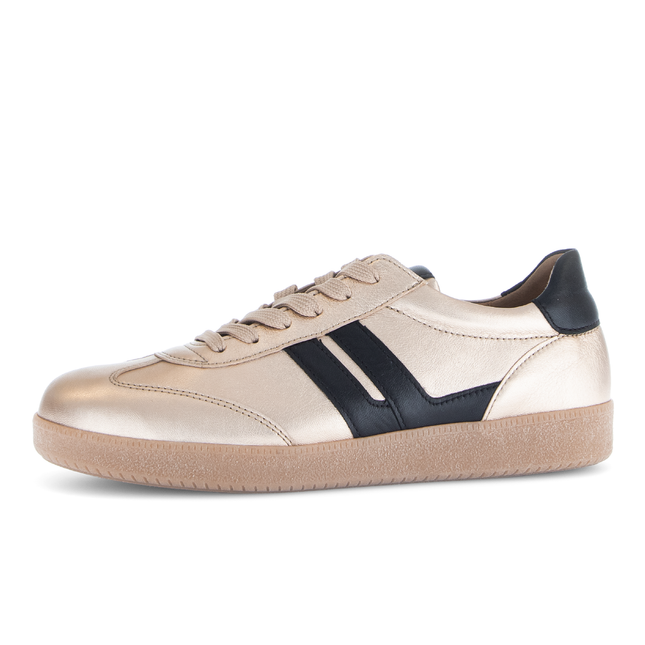 Gabor Women’s West 73.300.62 Leather & Satin Trainer – Champagne & Black Lace-Up Sneaker with Removable Insole