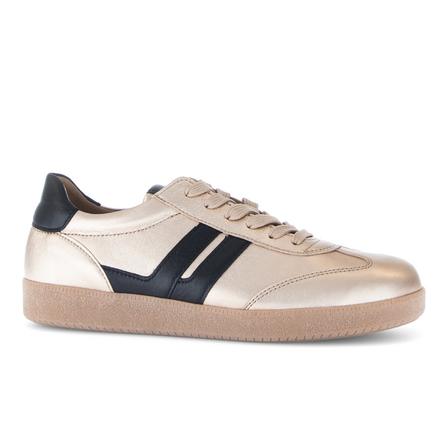 Gabor Women’s West 73.300.62 Leather & Satin Trainer – Champagne & Black Lace-Up Sneaker with Removable Insole
