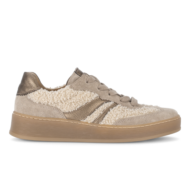 Gabor Women’s 76.475.61 Dahma Beige Wool Detail Trainer – Wide Fit Leather & Wool Panel Sneaker