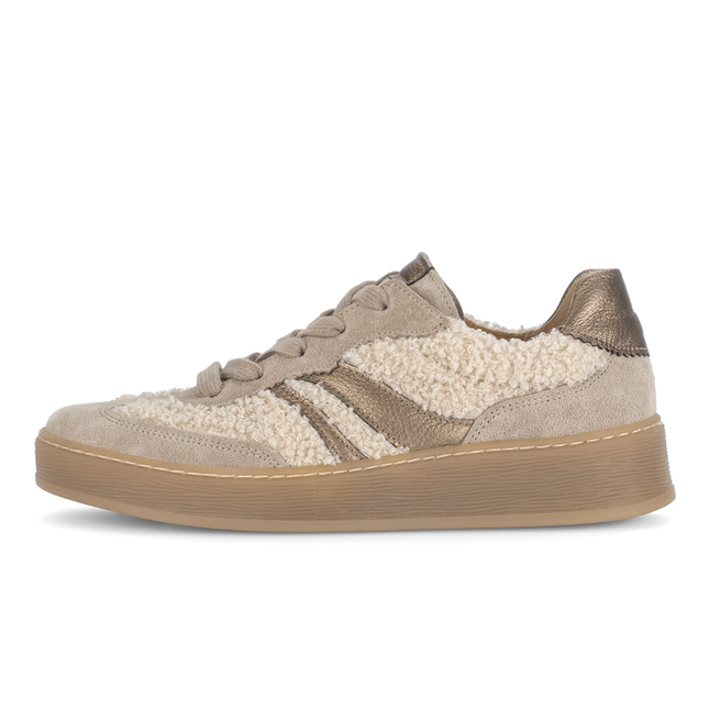 Gabor Women’s 76.475.61 Dahma Beige Wool Detail Trainer – Wide Fit Leather & Wool Panel Sneaker